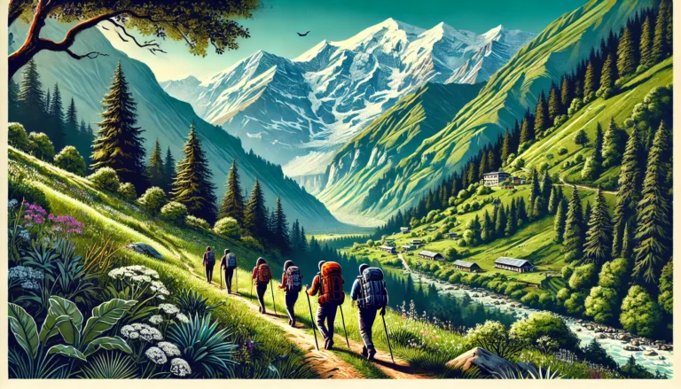 DALL·E 2025-02-03 00.11.20 – A breathtaking adventure landscape showcasing lush green mountains, clear blue skies, a group of trekkers walking along a scenic trail in Uttarakhand